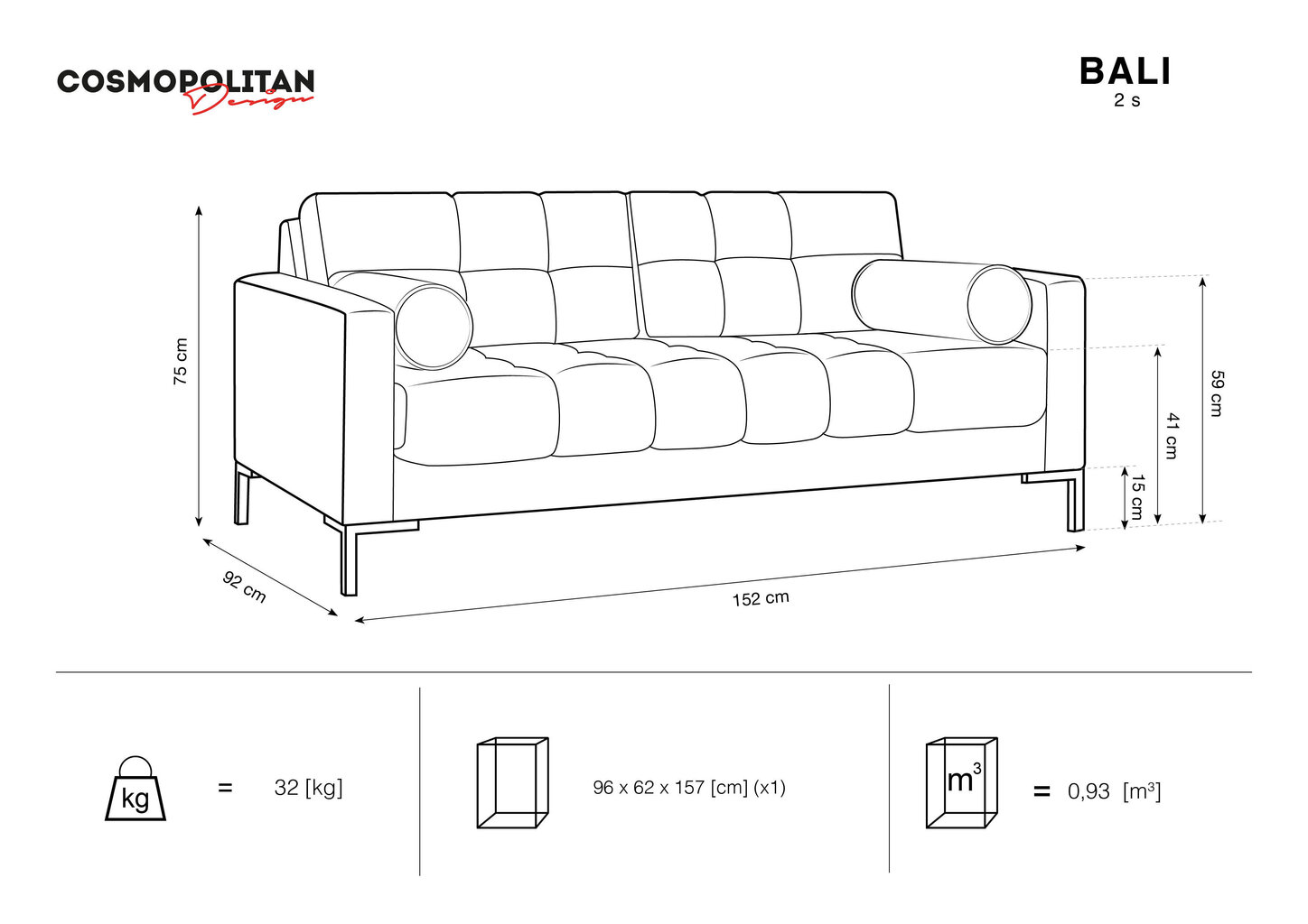 Diivan Cosmopolitan Design Bali 2S, must hind ja info | Diivanid ja diivanvoodid | kaup24.ee