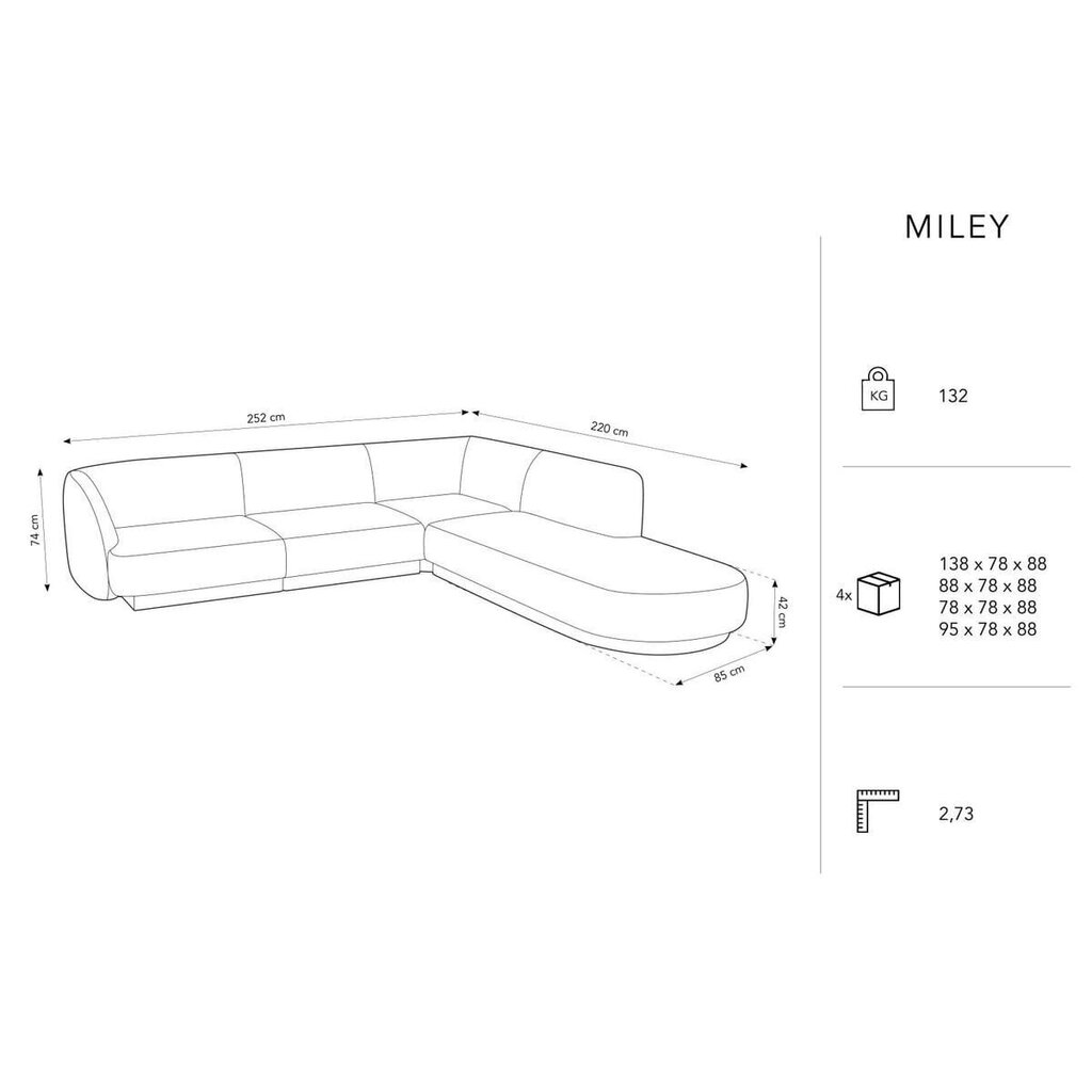 Sametist parempoolne nurgadiivan Micadoni Miley, 252 x 220 x 74, valge цена и информация | Diivanid ja diivanvoodid | kaup24.ee