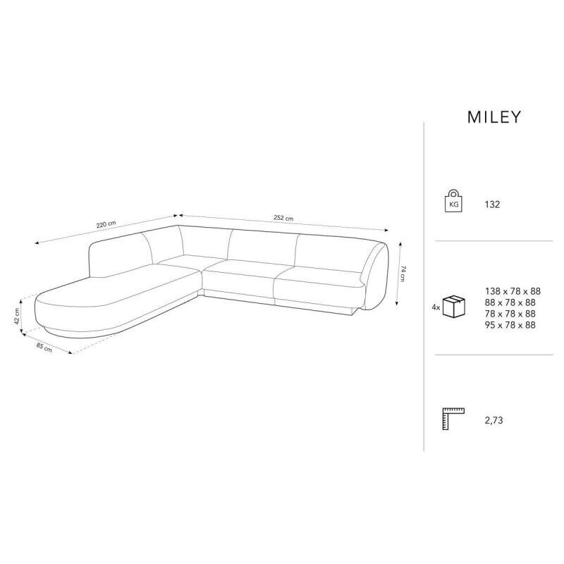 Sametist vasakpoolne nurgadiivan Micadoni Miley, 252 x 220 x 74, kollane цена и информация | Diivanid ja diivanvoodid | kaup24.ee