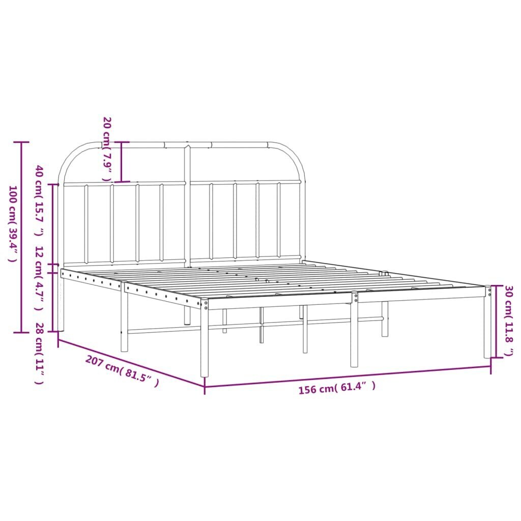 vidaXL metallist voodiraam peatsiga, valge, 150x200 cm hind ja info | Voodid | kaup24.ee