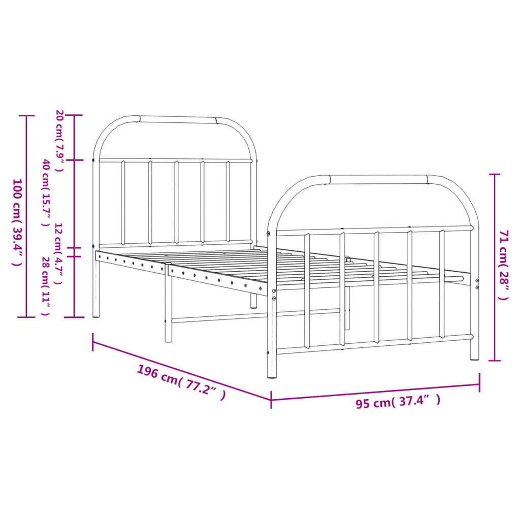 vidaXL metallist voodiraam peatsi ja jalutsiga, valge, 90 x 190 cm hind ja info | Voodid | kaup24.ee