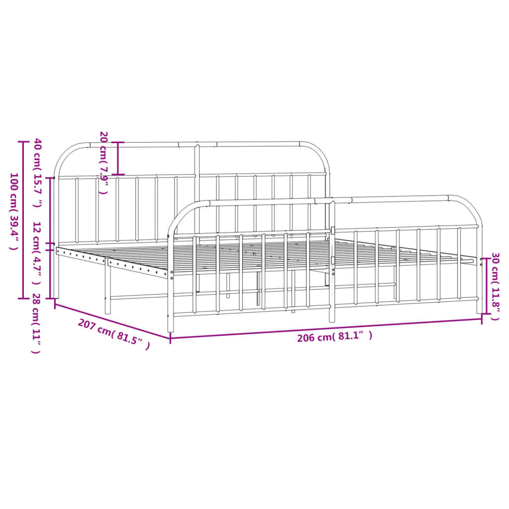 vidaXL metallist voodiraam peatsi ja jalutsiga, must, 200x200 cm цена и информация | Voodid | kaup24.ee