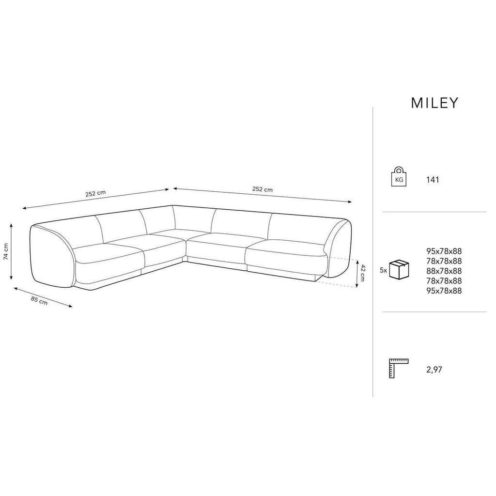 Sametist sümmeetriline nurgadiivan Micadoni Miley, 252 x 252 x 74, hall hind ja info | Diivanid ja diivanvoodid | kaup24.ee