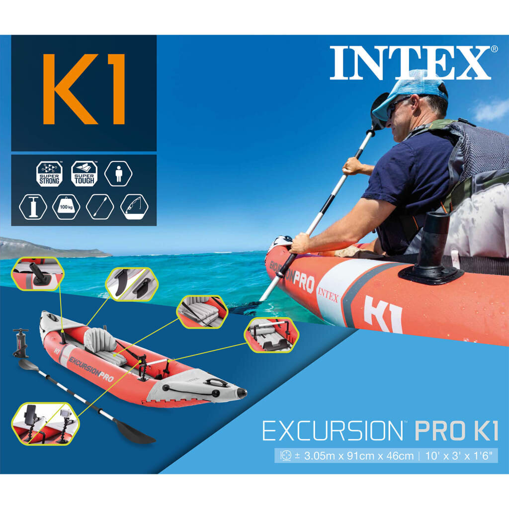 Intex täispumbatav kajak "Excursion Pro K1" 305 x 91 x 46 cm hind ja info | Paadid ja süstad | kaup24.ee