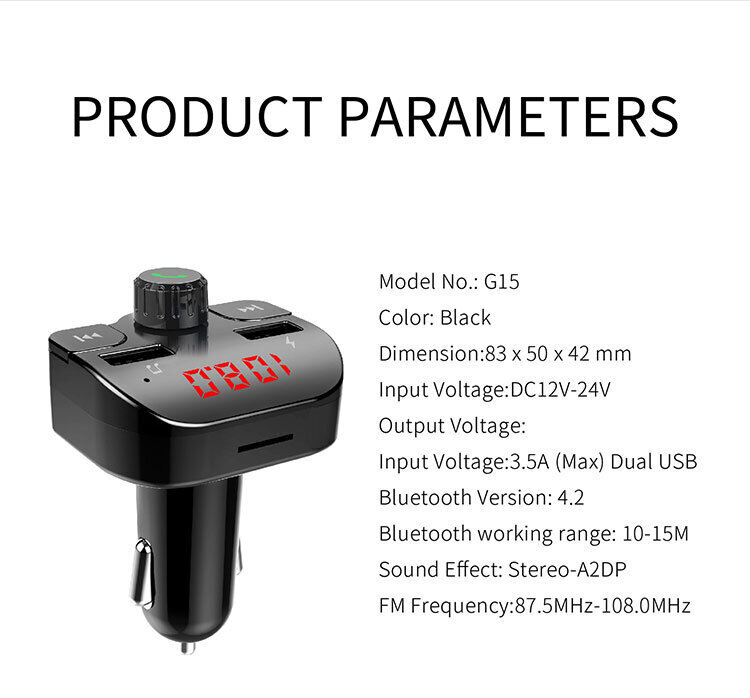 FM Bluetooth G15 - laadija Bluetooth \ USBx2 \ TF kaardi pesa цена и информация | FM modulaatorid, FM trasmitterid | kaup24.ee