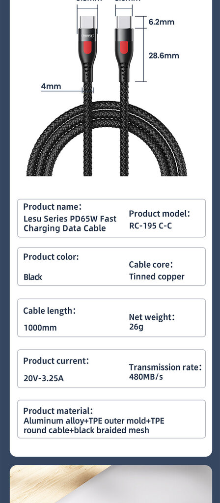 Kaabel USB-C kuni USB-C Remax RC-195, 1m, 65W цена и информация | Mobiiltelefonide kaablid | kaup24.ee