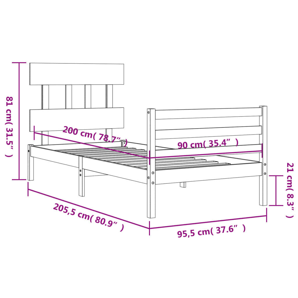 vidaXL voodiraam peatsiga, must, 90 x 200 cm, täispuit цена и информация | Voodid | kaup24.ee