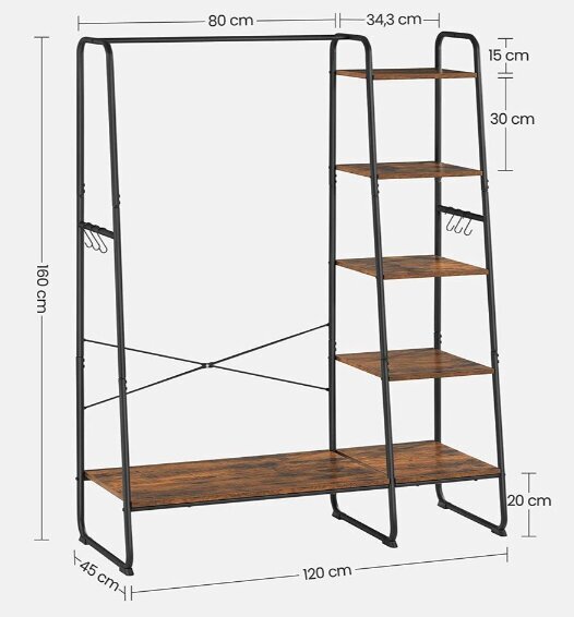 Riidestange 5 riiuliga, 45 x 120 x 160 cm, pruun ja must hind ja info | Nagid | kaup24.ee