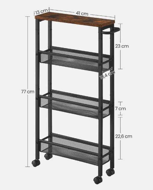 Köögikäru kitsas 4 riiuliga, 13 x 45,4 x 77 cm , pruun ja must цена и информация | Köögitarbed | kaup24.ee