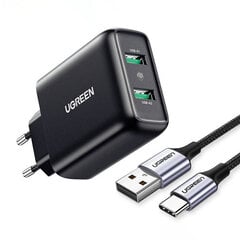 UGREEN Быстрое зарядное устройство UGREEN, 2xUSB-A, 18 Вт, PD 3.0 EU (черный) цена и информация | Зарядные устройства для телефонов | kaup24.ee