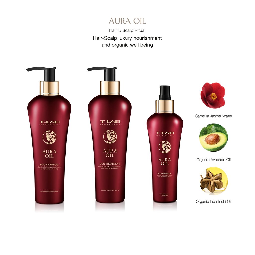 Juuksehoolduskomplekt T-Lab Professional Aura Oil: šampoon 300 ml + palsam - mask 300 ml + eliksiir 150 ml hind ja info | Maskid, õlid, seerumid | kaup24.ee