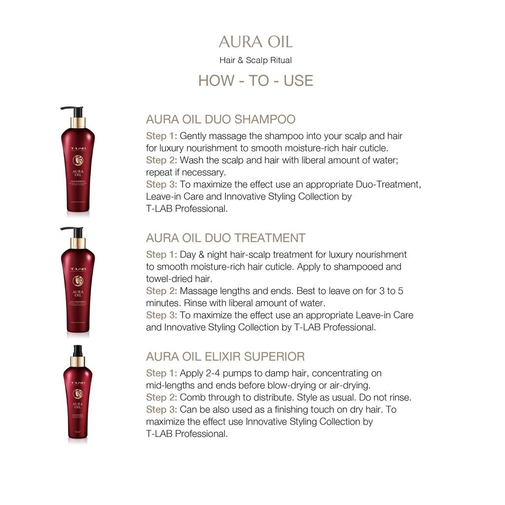 Juuksehoolduskomplekt T-Lab Professional Aura Oil: šampoon 300 ml + palsam - mask 300 ml + eliksiir 150 ml hind ja info | Maskid, õlid, seerumid | kaup24.ee