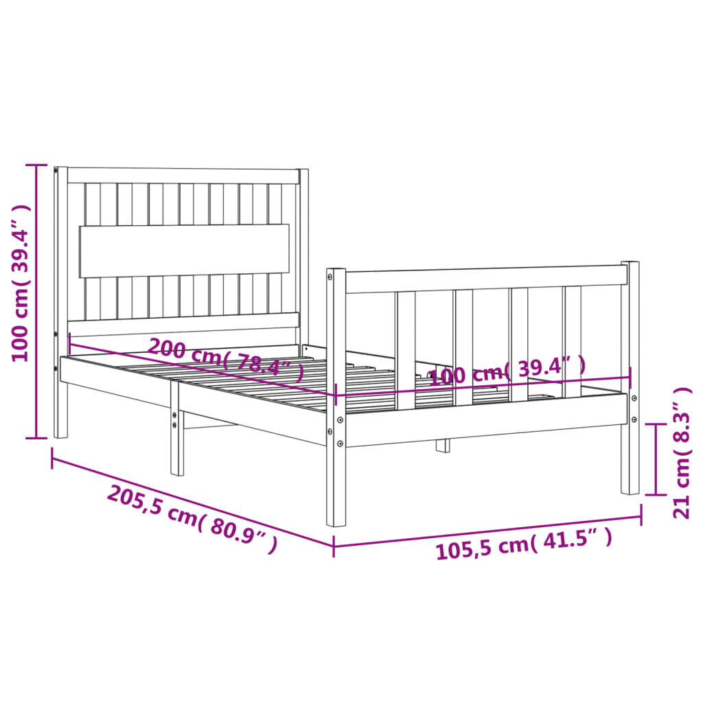 vidaXL voodiraam peatsiga, must, 100 x 200 cm, täispuit hind ja info | Voodid | kaup24.ee