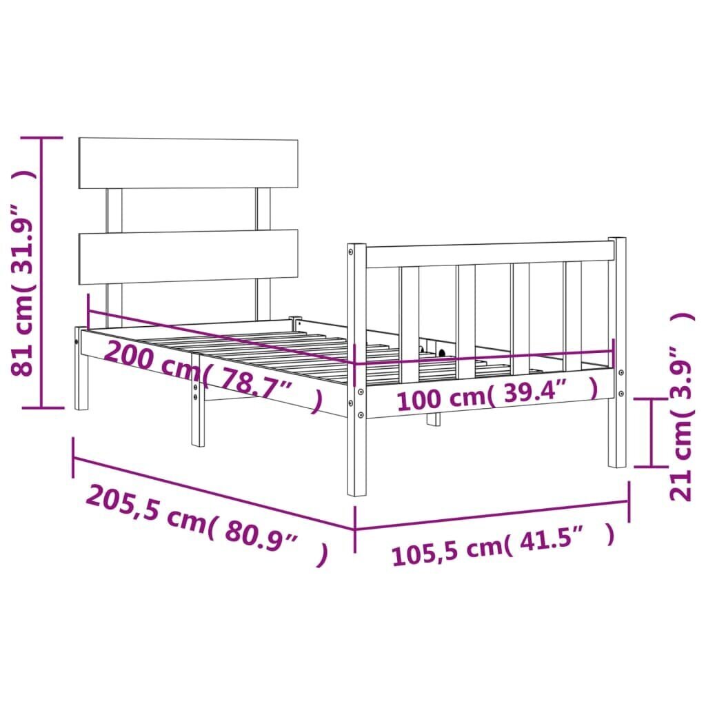 vidaXL voodiraam peatsiga, valge, 100 x 200 cm, täispuit hind ja info | Voodid | kaup24.ee