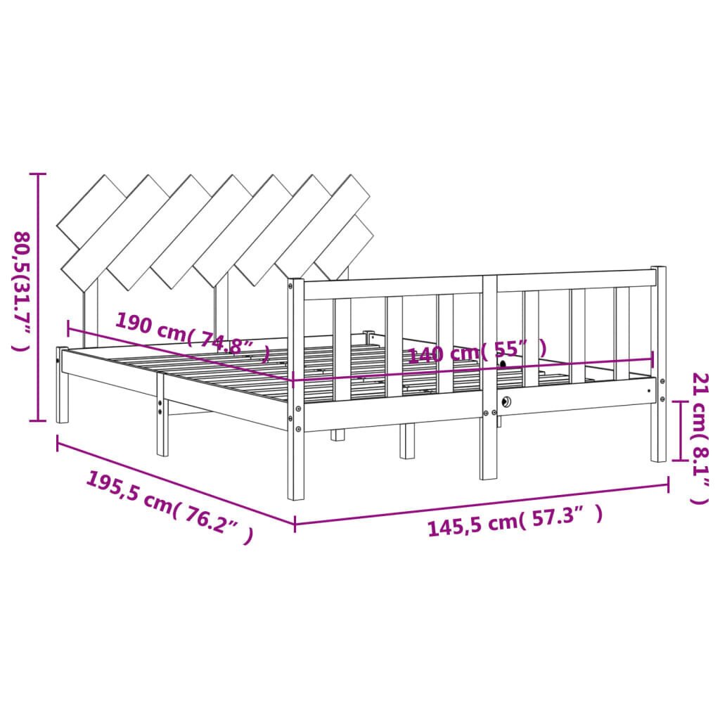 vidaXL voodiraam peatsiga, valge, 140 x 190 cm, täispuit цена и информация | Voodid | kaup24.ee