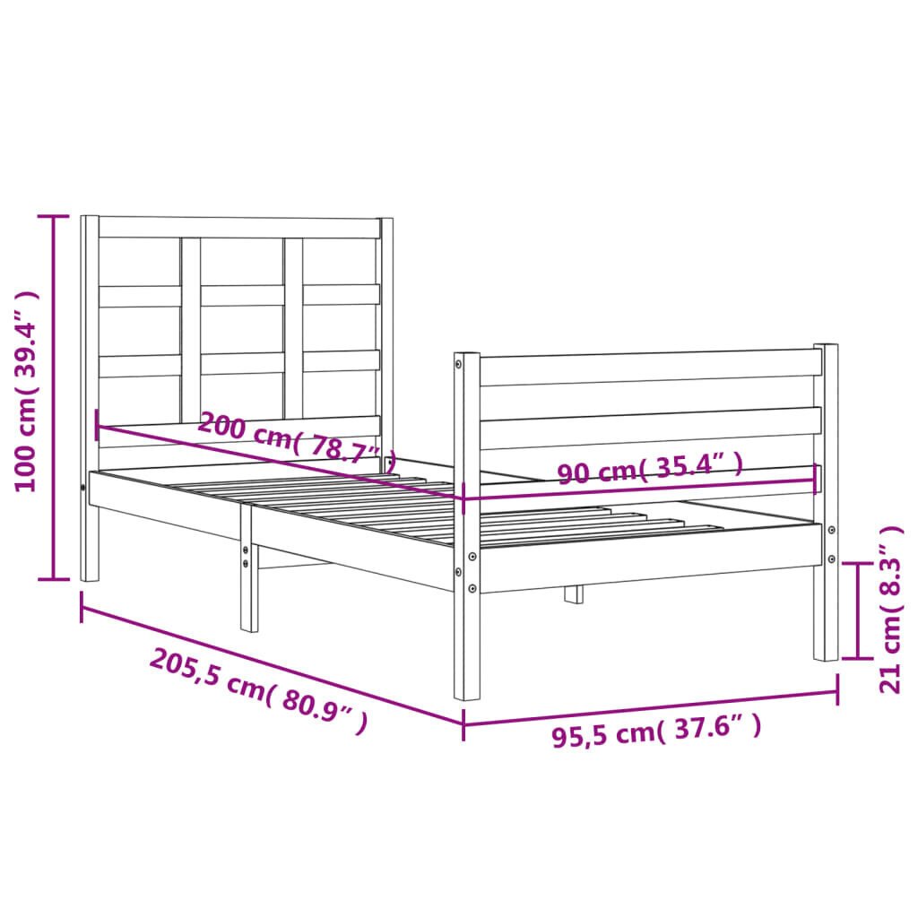 vidaXL voodiraam peatsiga, valge, 90 x 200 cm, täispuit цена и информация | Voodid | kaup24.ee