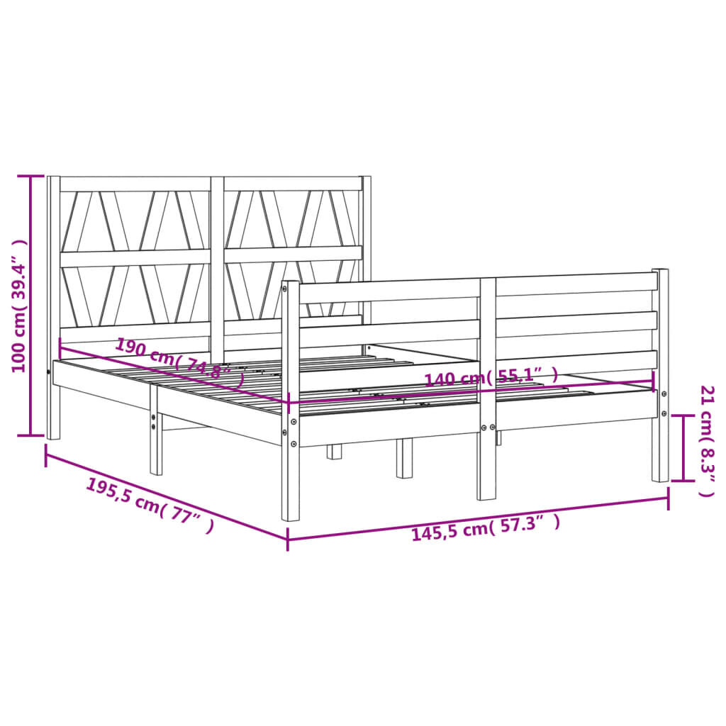 vidaXL voodiraam peatsiga, hall, 140 x 190 cm, täispuit цена и информация | Voodid | kaup24.ee