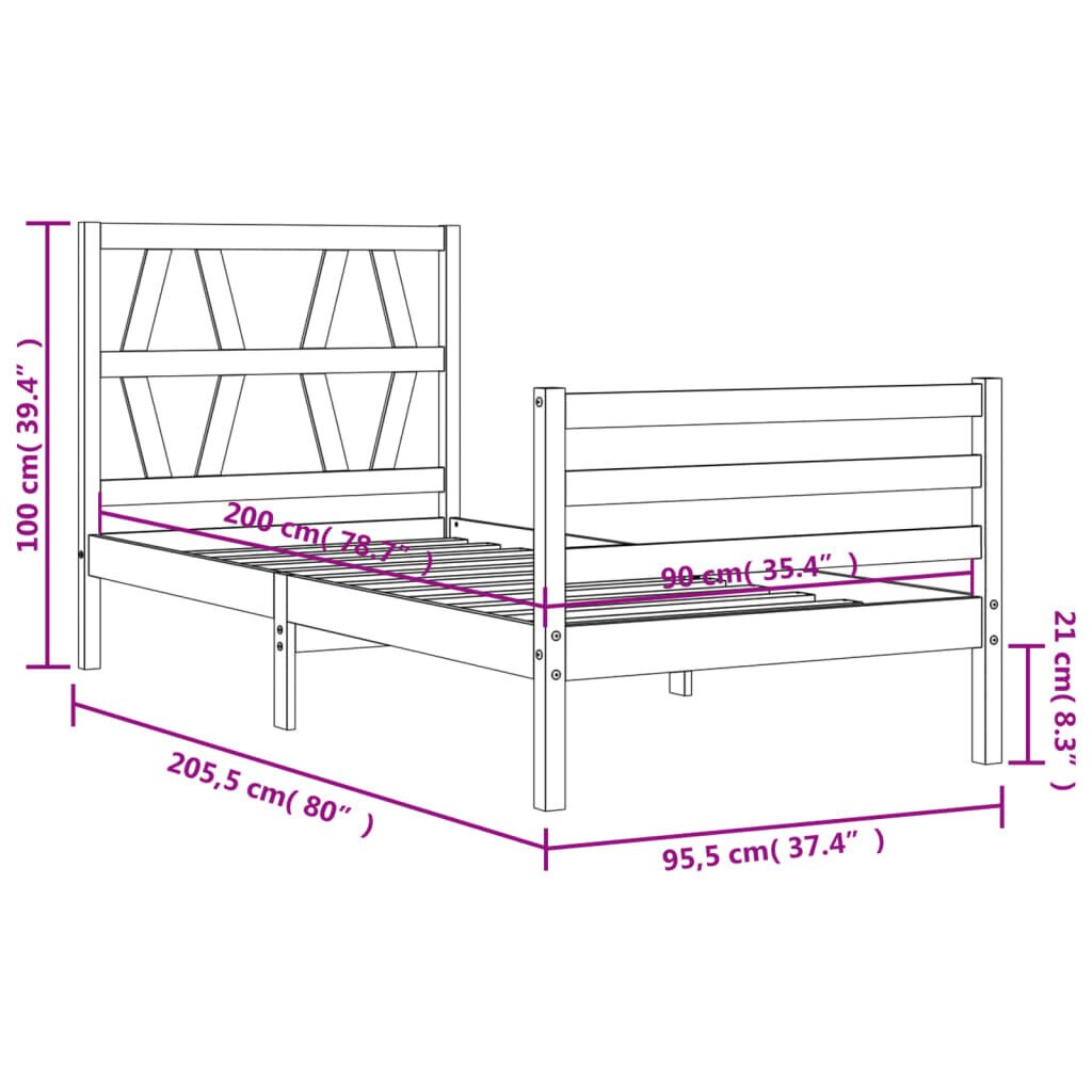 vidaXL voodiraam peatsiga, must, 90 x 200 cm, täispuit hind ja info | Voodid | kaup24.ee