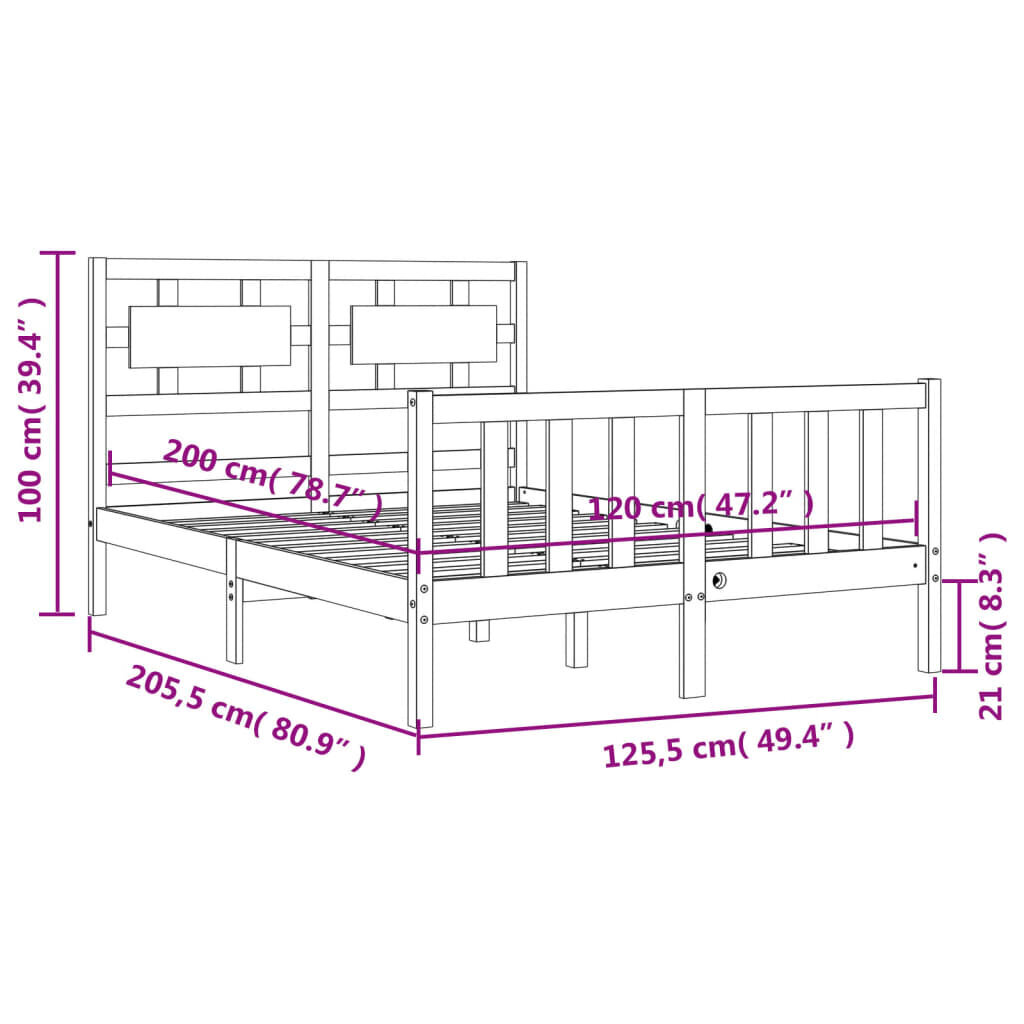 vidaXL voodiraam peatsiga, must, 120 x 200 cm, täispuit hind ja info | Voodid | kaup24.ee