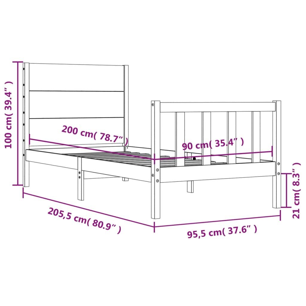 vidaXL voodiraam peatsiga, must, 90 x 200 cm, täispuit hind ja info | Voodid | kaup24.ee