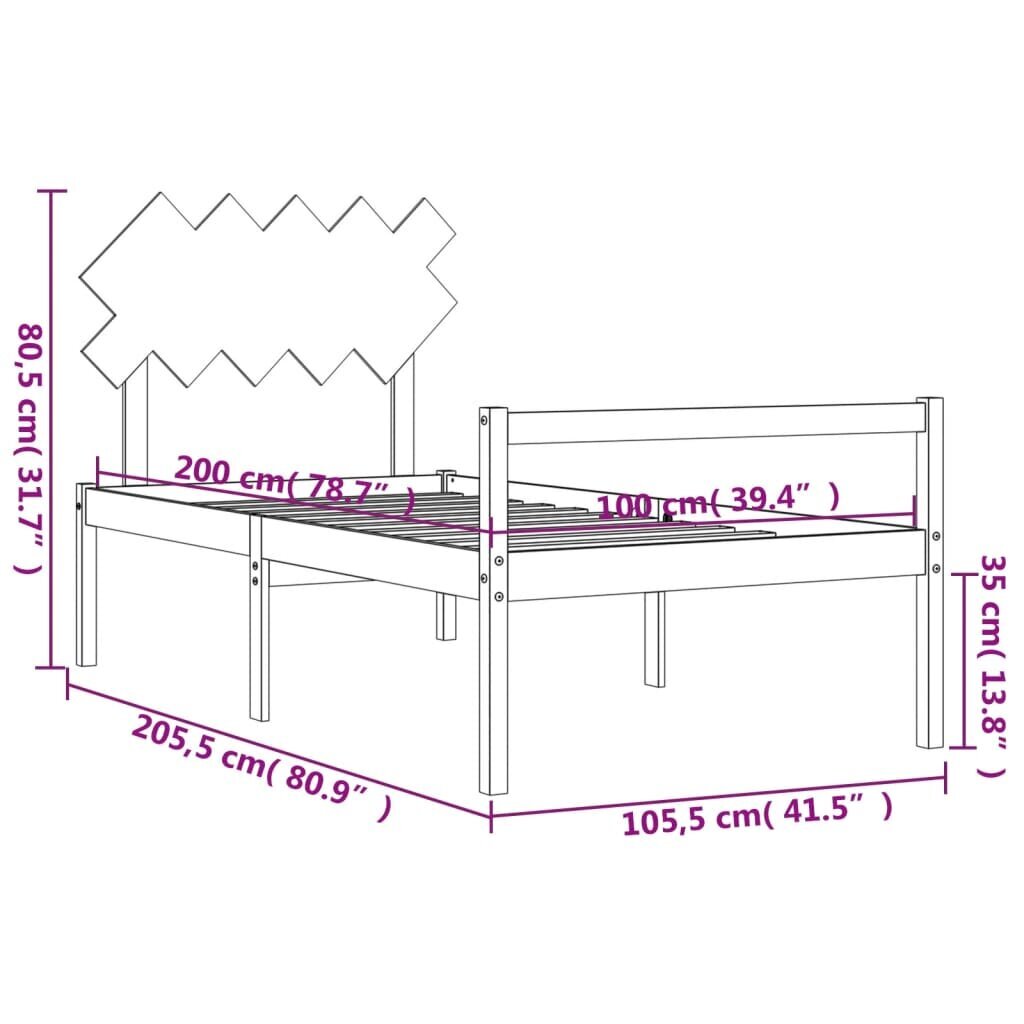 vidaXL voodiraam peatsiga, valge, 100 x 200 cm, täispuit hind ja info | Voodid | kaup24.ee