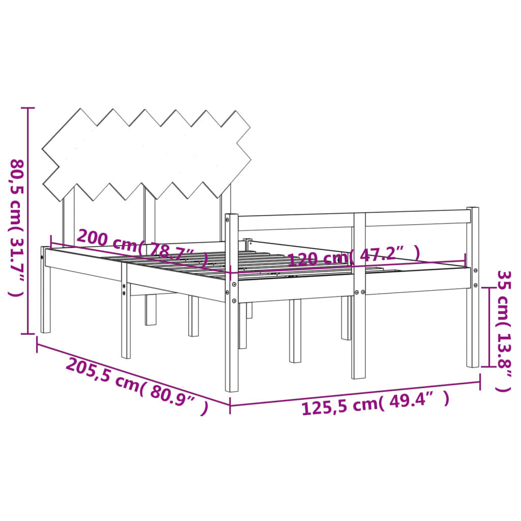 vidaXL voodiraam peatsiga, valge, 120 x 200 cm, täispuit hind ja info | Voodid | kaup24.ee