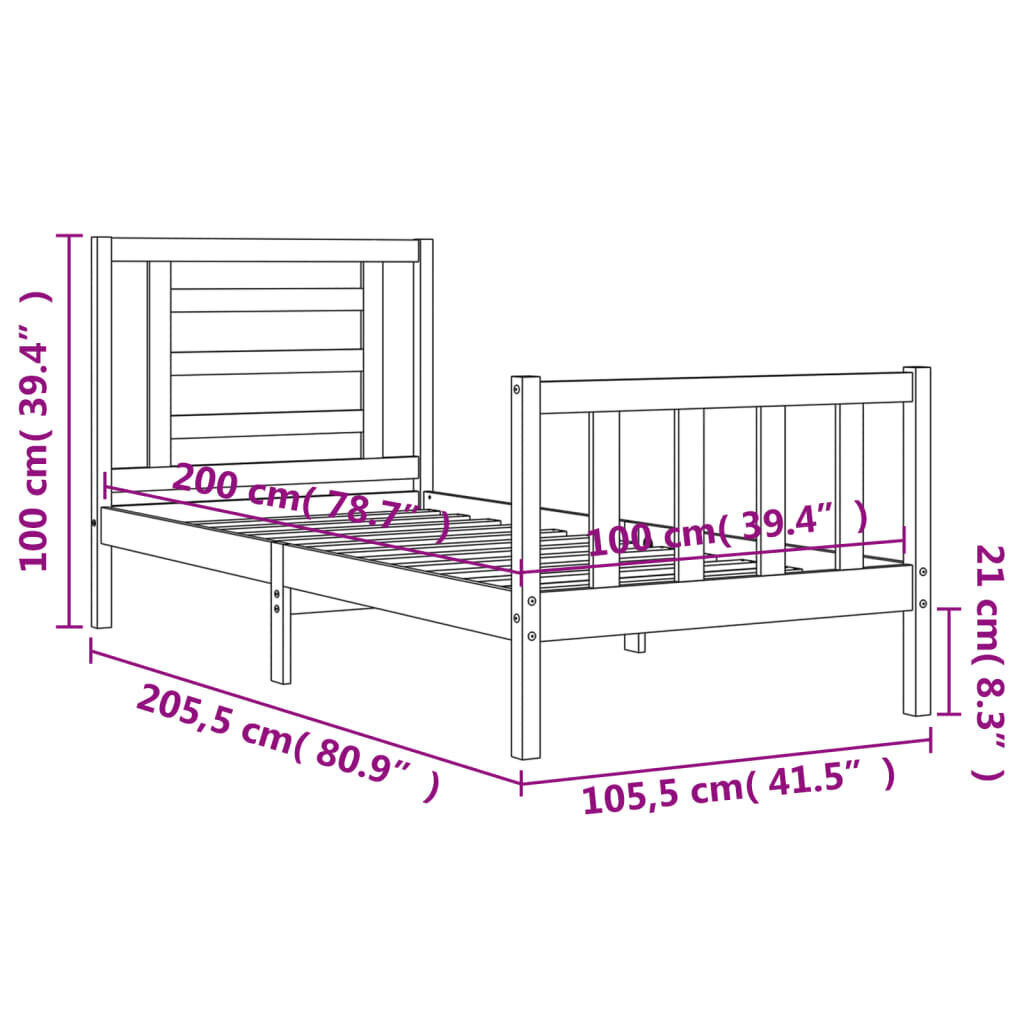 vidaXL voodiraam peatsiga, must, 100 x 200 cm, täispuit hind ja info | Voodid | kaup24.ee