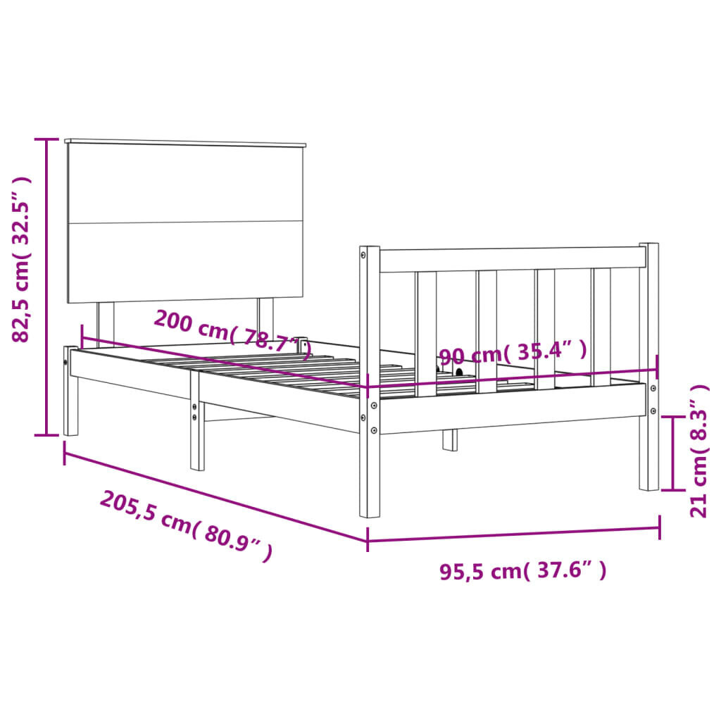 vidaXL voodiraam peatsiga, must, 90 x 200 cm, täispuit цена и информация | Voodid | kaup24.ee