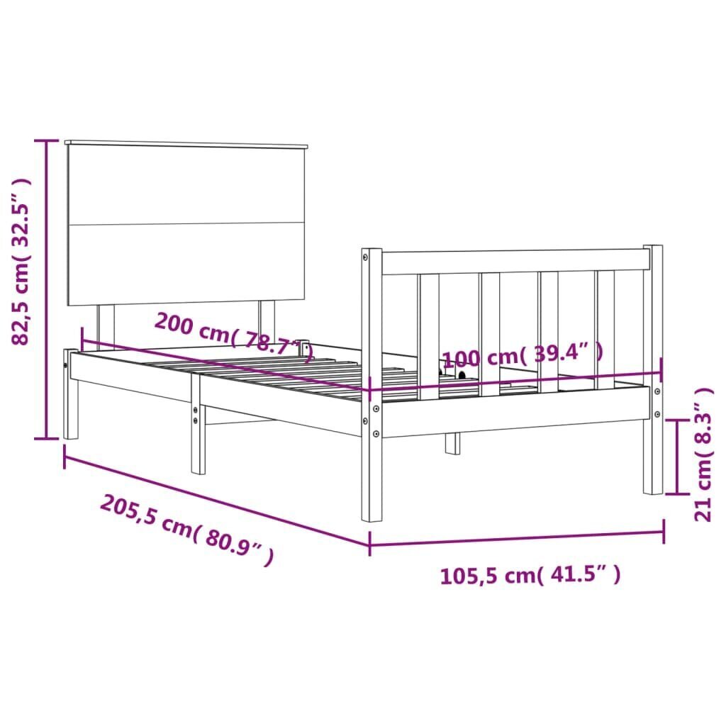 vidaXL voodiraam peatsiga, must, 100 x 200 cm, täispuit hind ja info | Voodid | kaup24.ee