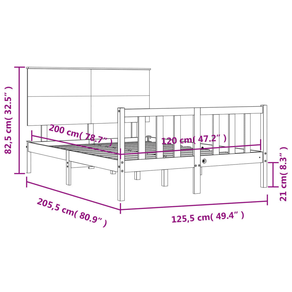 vidaXL voodiraam peatsiga, valge, 120 x 200 cm, täispuit hind ja info | Voodid | kaup24.ee