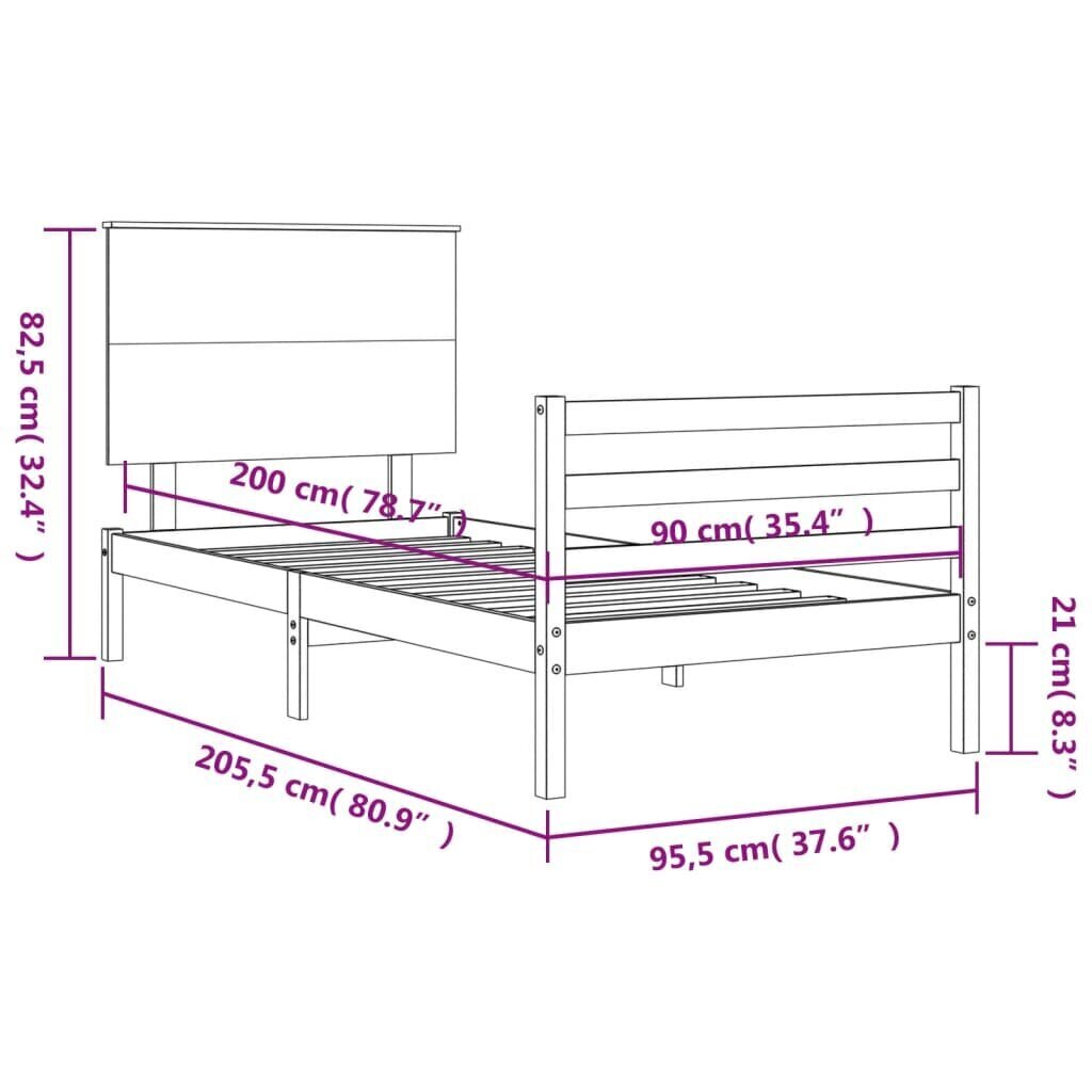 vidaXL voodiraam peatsiga, valge, 90 x 200 cm, täispuit цена и информация | Voodid | kaup24.ee