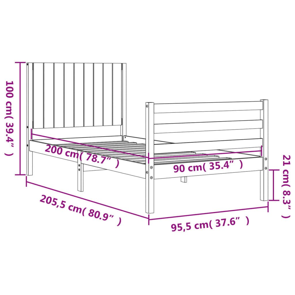 vidaXL voodiraam peatsiga, must, 90 x 200 cm, täispuit hind ja info | Voodid | kaup24.ee