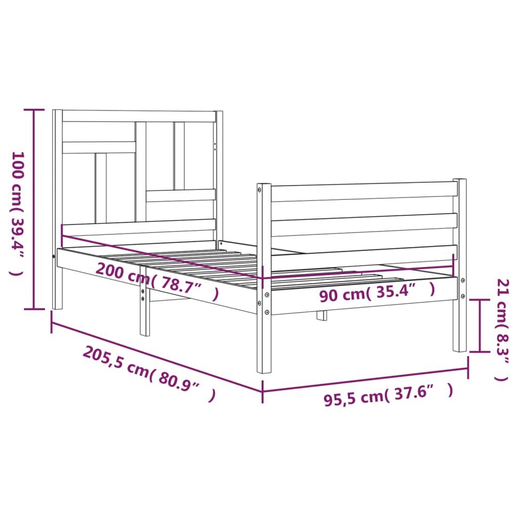 vidaXL voodiraam peatsiga, must, 90 x 200 cm, täispuit цена и информация | Voodid | kaup24.ee