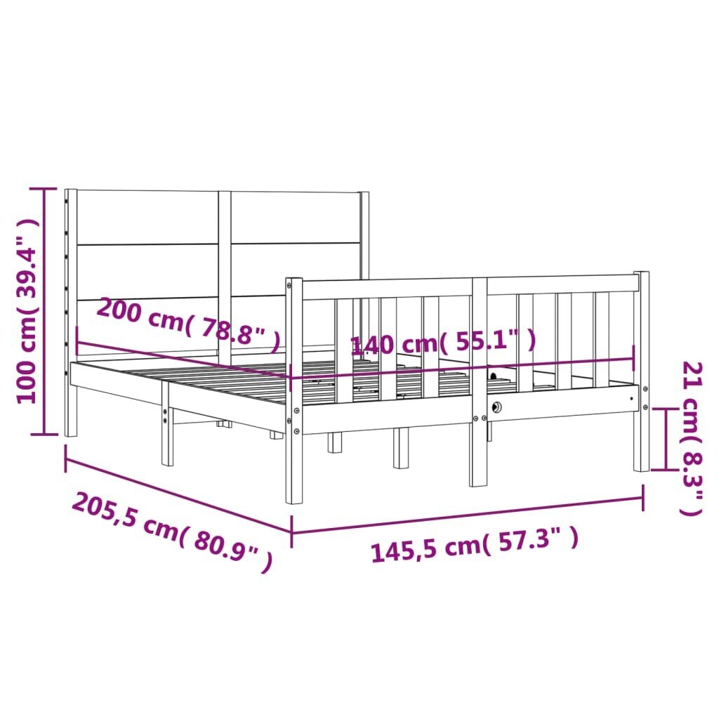 vidaXL voodiraam peatsiga, valge, 140 x 200 cm, täispuit hind ja info | Voodid | kaup24.ee