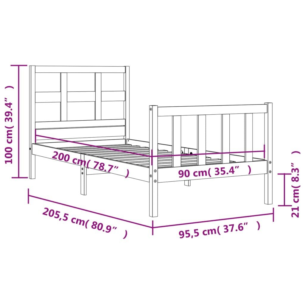 vidaXL voodiraam peatsiga, must, 90 x 200 cm, täispuit hind ja info | Voodid | kaup24.ee