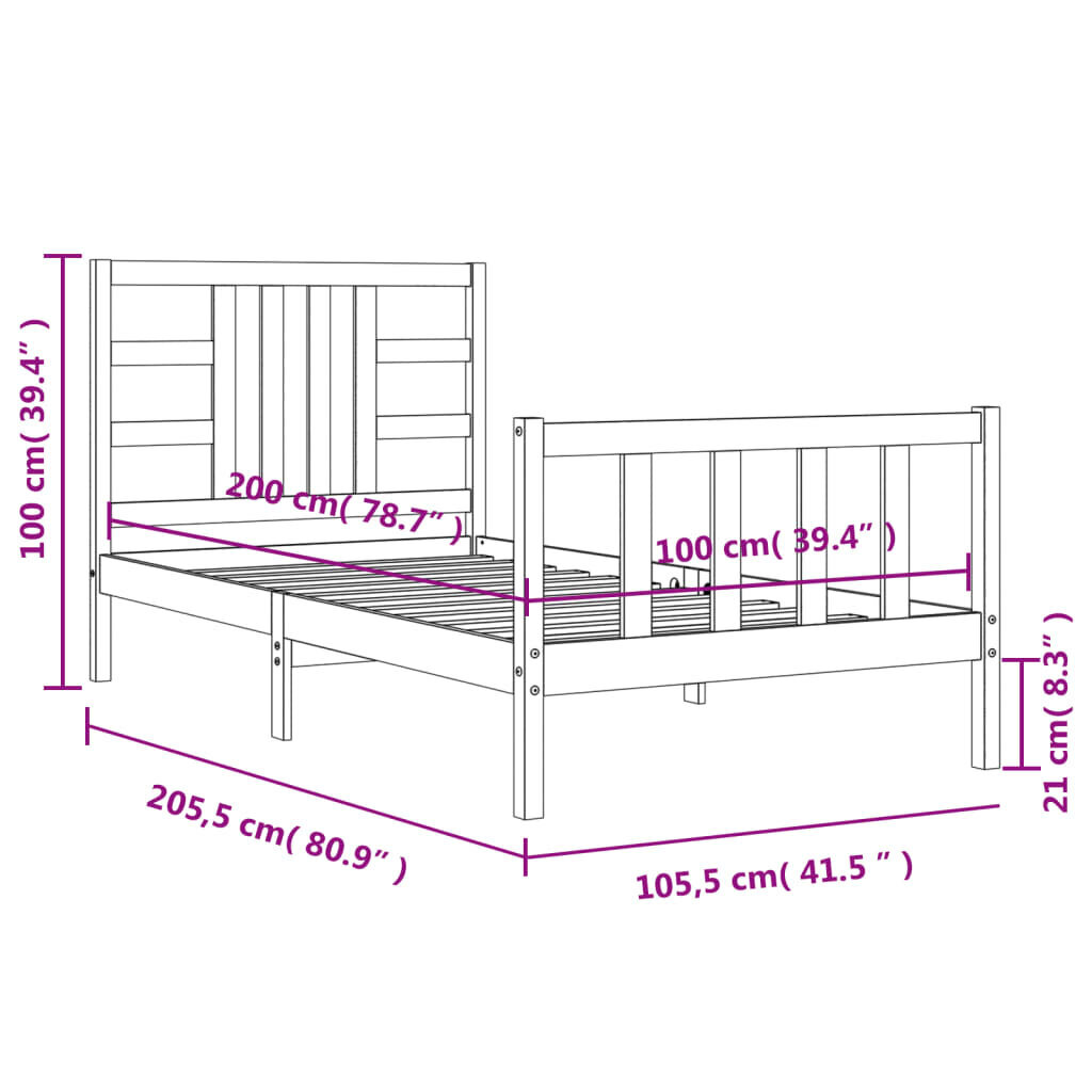 vidaXL voodiraam peatsiga, valge, 100 x 200 cm, täispuit hind ja info | Voodid | kaup24.ee