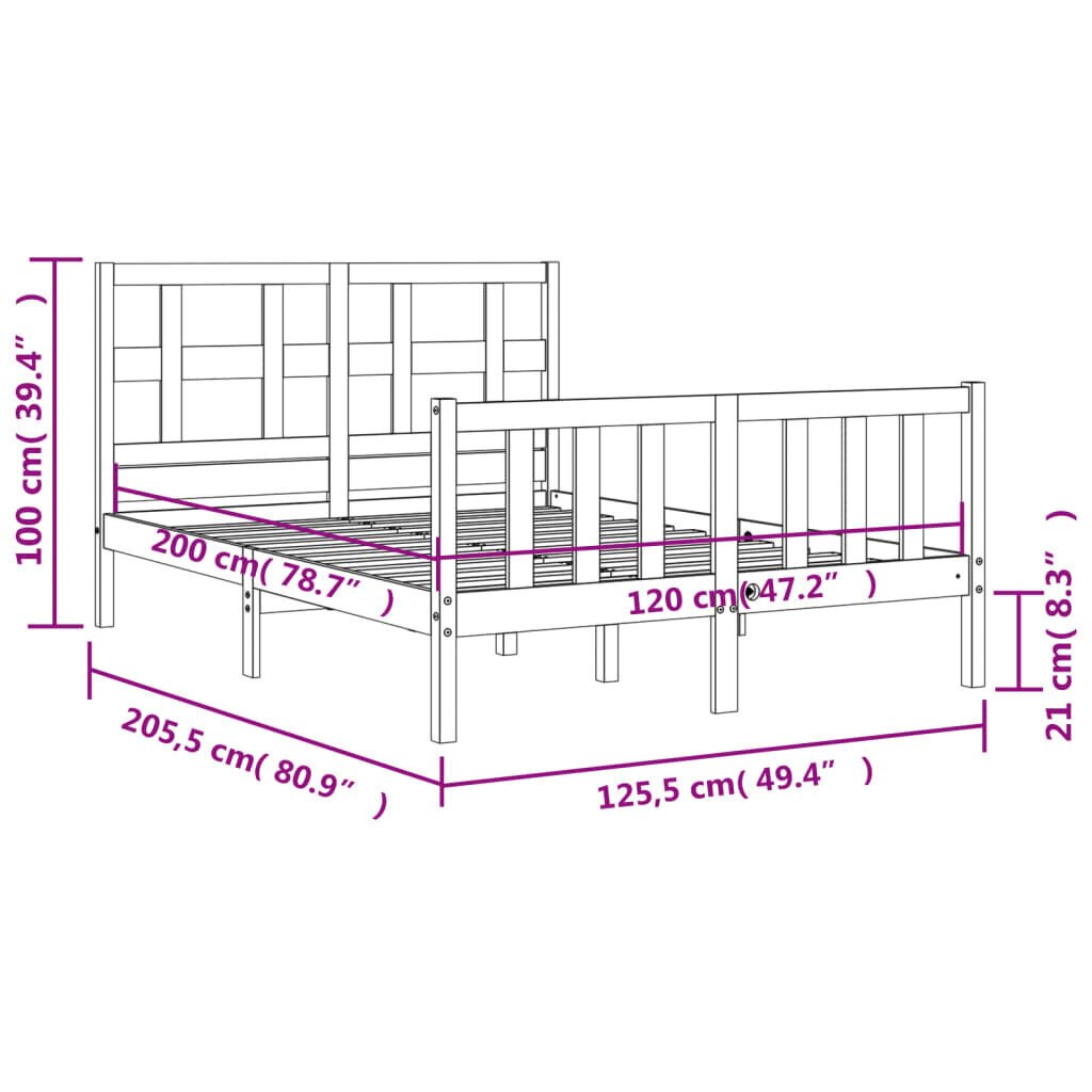 vidaXL voodiraam peatsiga, 120 x 200 cm, täispuit цена и информация | Voodid | kaup24.ee