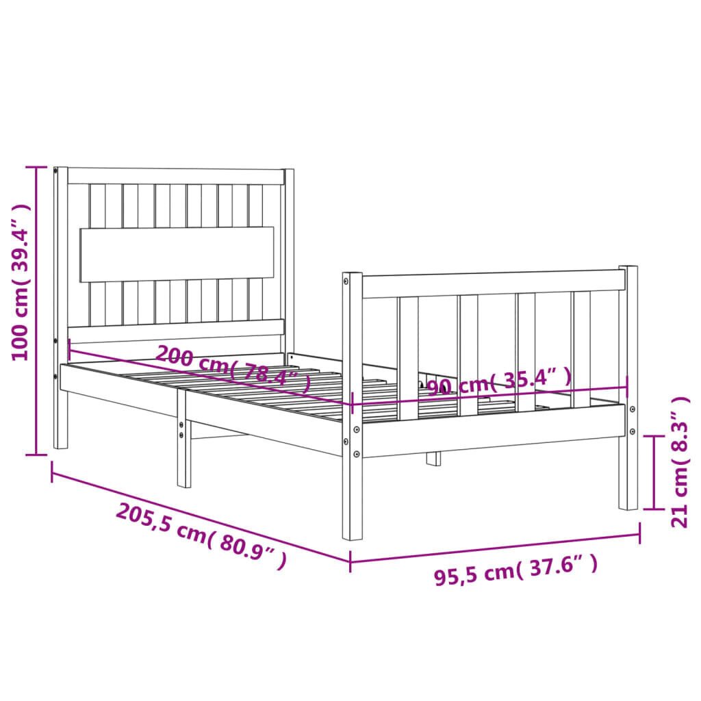 vidaXL voodiraam peatsiga, 90 x 200 cm, täispuit цена и информация | Voodid | kaup24.ee