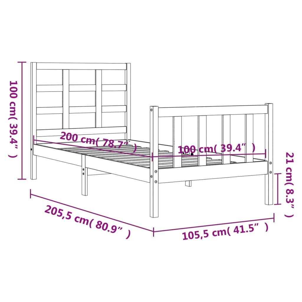 vidaXL voodiraam peatsiga, must, 100 x 200 cm, täispuit hind ja info | Voodid | kaup24.ee