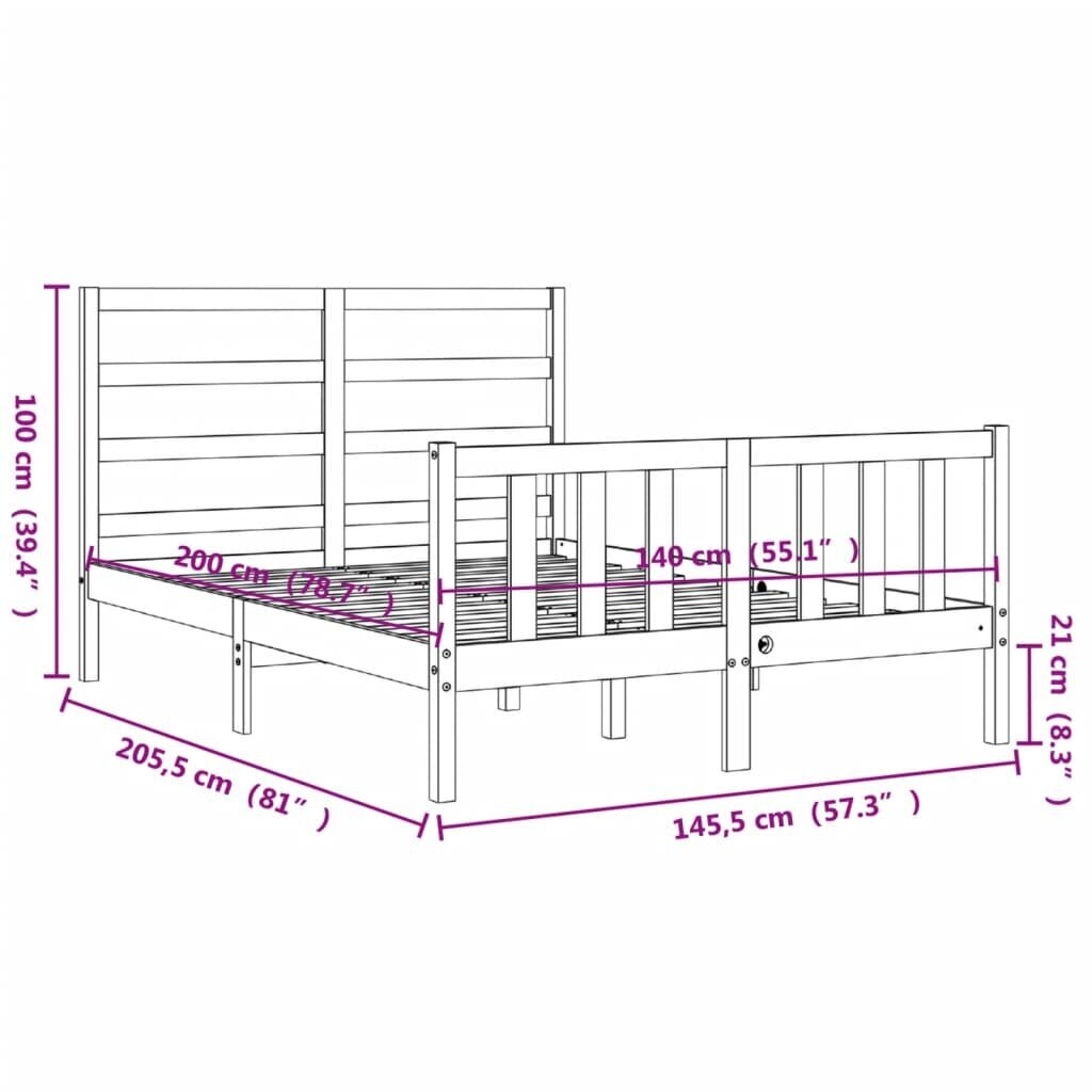 vidaXL voodiraam peatsiga, valge, 140 x 200 cm, täispuit hind ja info | Voodid | kaup24.ee