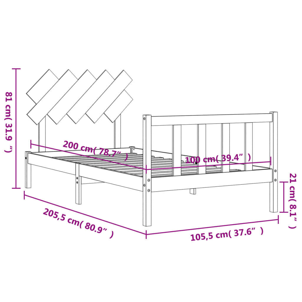 vidaXL voodiraam peatsiga, valge, 100 x 200 cm, täispuit hind ja info | Voodid | kaup24.ee