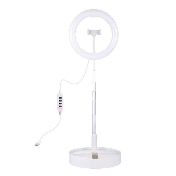 LED rõngaslamp 26cm, alusega kuni 138cm, telefonihoidjaga, USB hind ja info | Fotovalgustuse seadmed | kaup24.ee