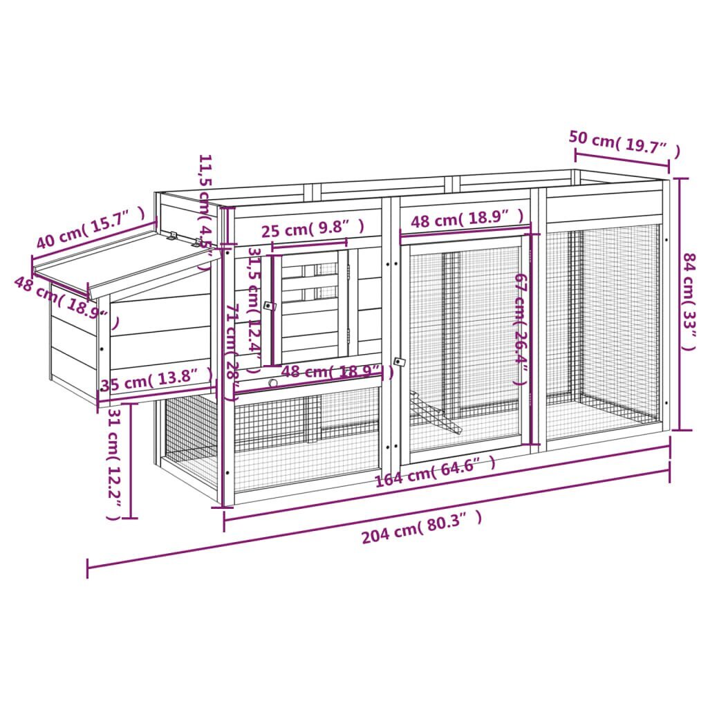 vidaXL kanakuut, hall, 204 x 50 x 84 cm, männipuit hind ja info | Puurid ja tarvikud väikeloomadele | kaup24.ee