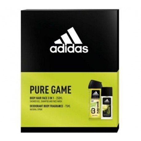 Komplekt meestele Adidas Pure Game: lõhnastatud kehasprei, 75 ml + dušigeel, 250 ml hind ja info | Lõhnastatud kosmeetika meestele | kaup24.ee