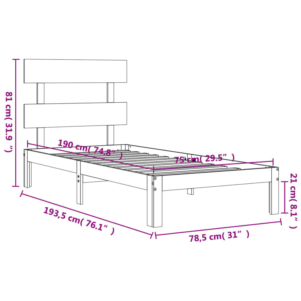 Voodiraam vidaXL, 75x190 cm, pruun hind ja info | Voodid | kaup24.ee