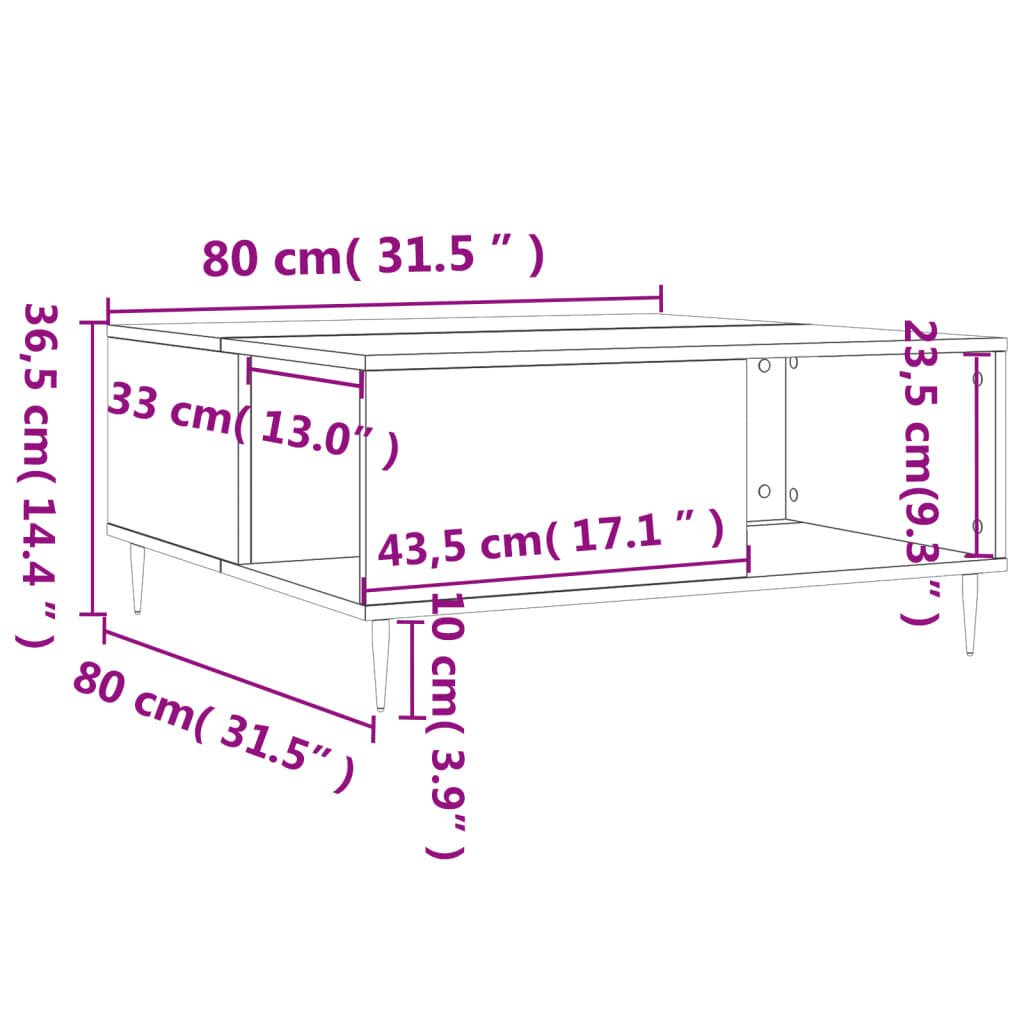 vidaXL kohvilaud, Sonoma tamm, 80x80x36,5 cm, tehispuit hind ja info | Diivanilauad | kaup24.ee