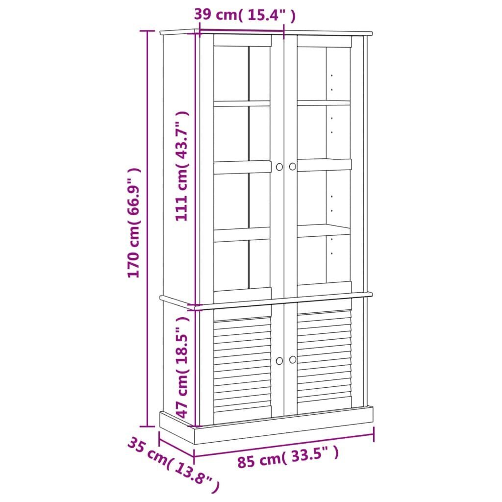 vidaXL klaasustega vitriinkapp "Vigo", hall, 85x35x170 cm, männipuit hind ja info | Vitriinkapid | kaup24.ee