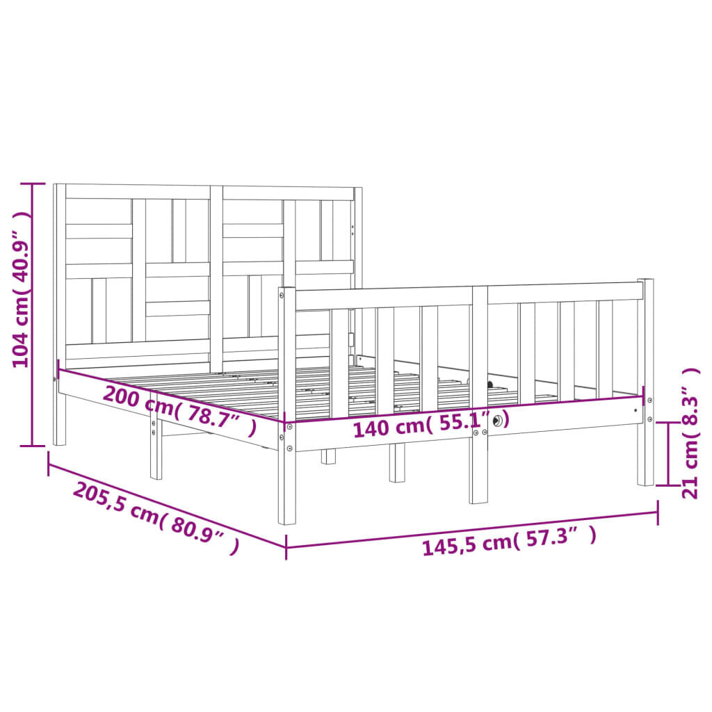 vidaXL voodiraam peatsiga, valge, 140 x 200 cm, täispuit hind ja info | Voodid | kaup24.ee