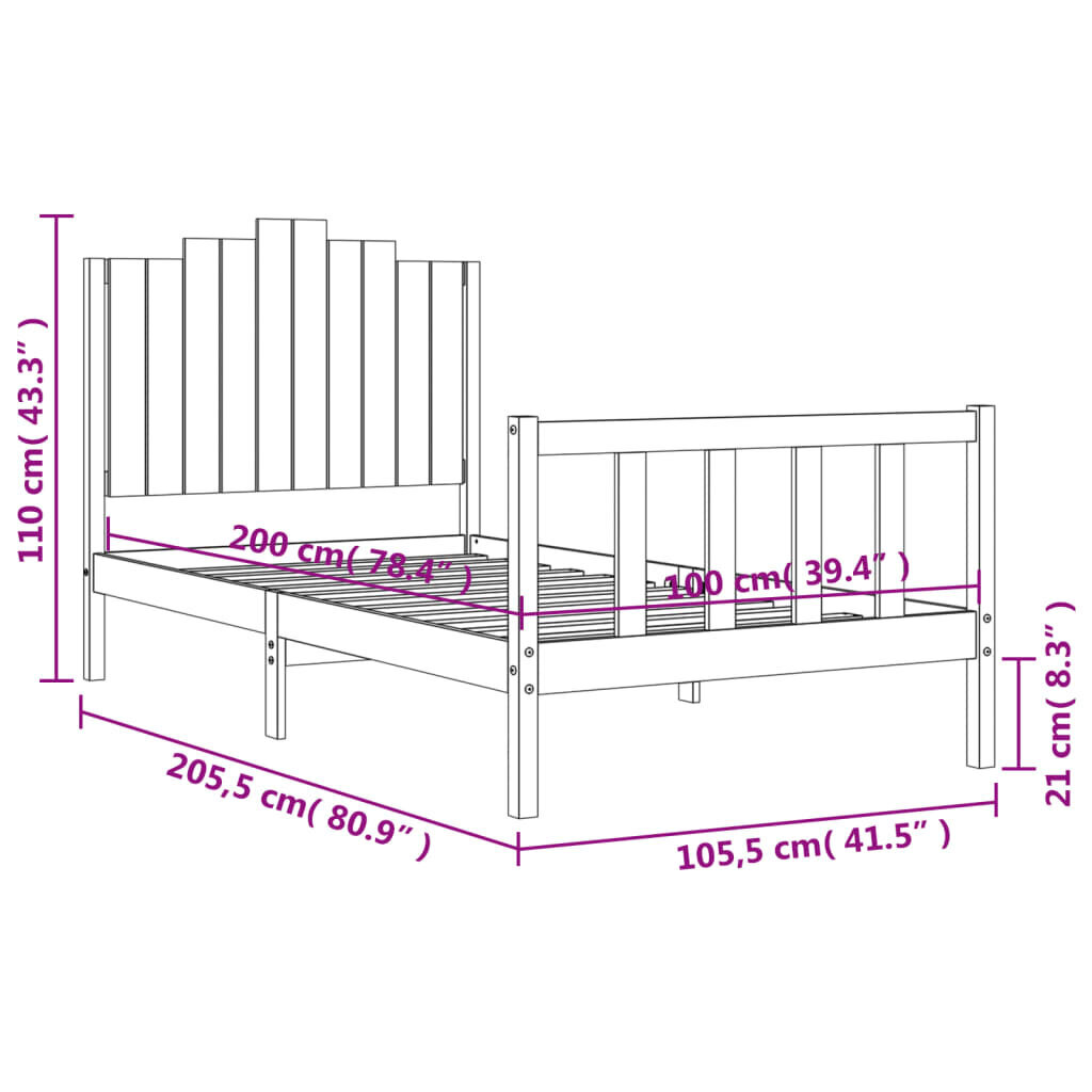 vidaXL voodiraam peatsiga, valge, 100 x 200 cm, täispuit hind ja info | Voodid | kaup24.ee