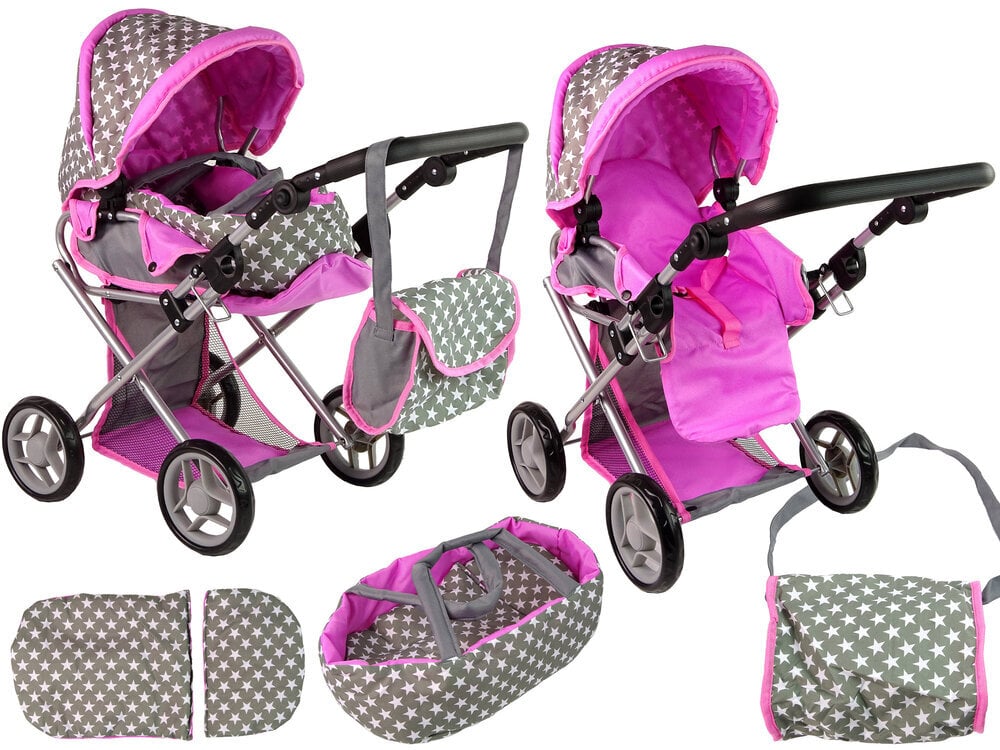 2in1 tähtedega nukukäru koos kotiga, hall/roosa hind ja info | Tüdrukute mänguasjad | kaup24.ee